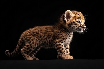 Obraz premium the beside view baby Panthera Uncia standing, left side view, low angle, white copy space on right, Isolated on black Background