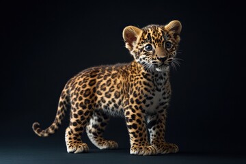 Obraz premium the beside view baby Panthera Uncia standing, left side view, low angle, white copy space on right, Isolated on black Background