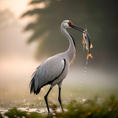 Naklejka premium Great Blue Heron with freshly caught native brook trout in beak Generative AI