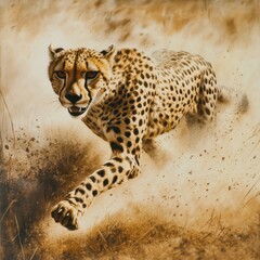 Obraz premium A striking image of a cheetah sprinting across the savannah, its golden coat and black spots contrasting with the dry, earthy tones of the grassland.
