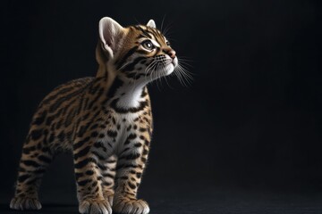 the beside view baby Ocelot standing, left side view, low angle, white copy space on right, Isolated on black Background