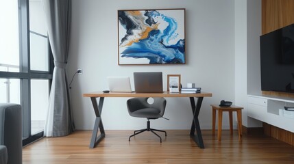 Create a serene minimalist home office neutral toned chair laptop and abstract art in a bright environment for productivity