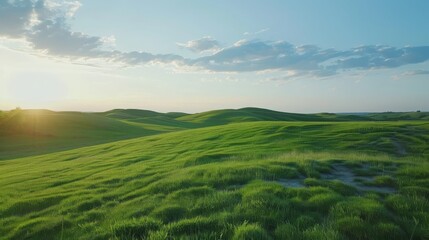 Fototapeta premium Exploring minimalist prairie landscape rolling hills nature photography golden hour horizontal composition geometric grass patterns
