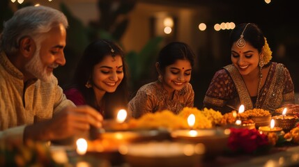 Indian family gathered around a table filled with traditional sweets, candles, and flowers, creating a warm and inviting Diwali feast scene.