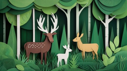 Forestanimals gathering concept. A vibrant paper art scene depicting a deer family in a lush forest with various shades of green and stylized trees.