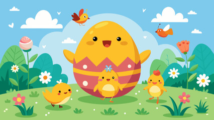 Obraz premium Joyful Easter Scene with Egg, Chicks, and Bunny Footprints. Perfect for: Easter, Children's events, Community gatherings