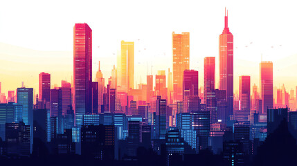 Vibrant city skyline at sunset with glowing modern skyscrapers, perfect for urban landscape themes, futuristic designs, or architectural photography