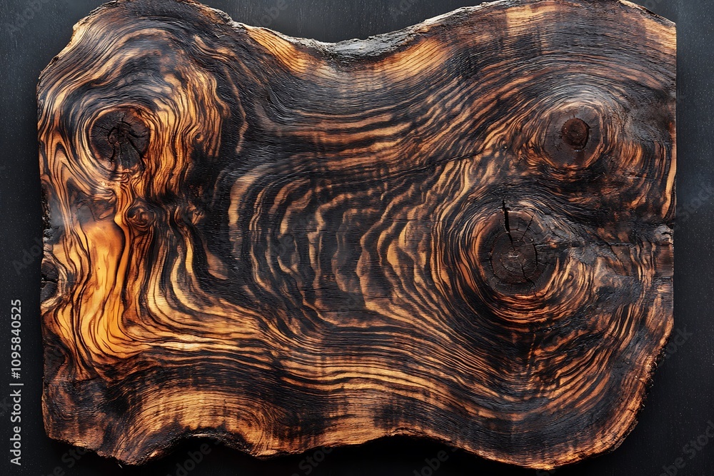 Poster dark wood slab with unique grain patterns and knots.