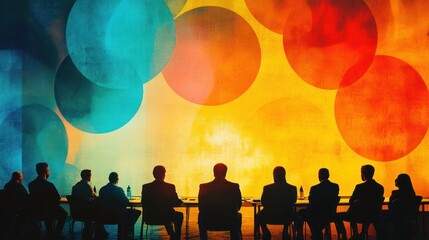 Silhouetted figures in a meeting with vibrant abstract circles in the background.