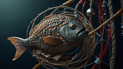 a fish sculpture with a fish in it ' s mouth.