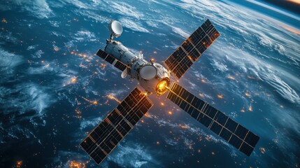 Obraz premium A satellite in orbit, showcasing technology and Earth below.