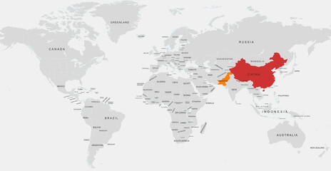 Obraz premium World Map Highlighting china and pakistan in Color