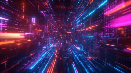 Fototapeta premium Abstract digital tunnel with vibrant neon lines and glowing streaks.
