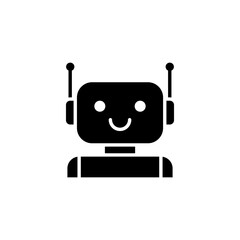Robot icon. Simple solid style. Cute smiling bot, chatbot, ai, chat, voice, assistant, service, virtual, technology concept. Black silhouette, glyph symbol. Vector illustration isolated.
