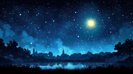 Starry Night over Serene Lake and Village