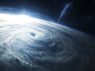 Dramatic satellite view of a hurricane with lightning storm.