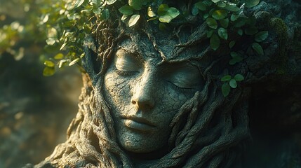 A woman's face sculpted from bark, surrounded by greenery, looks serene.