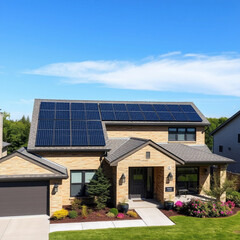 Fototapeta premium A contemporary suburban home with flat solar panels seamlessly integrated into the roof, with a clear blue sky