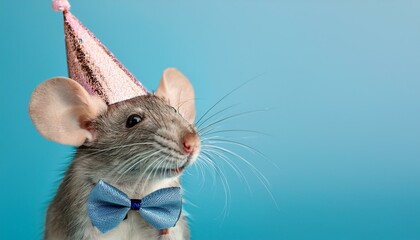 Creative animal concept.Mouse in party cone hat necklace bowtie outfit isolated on solid pastel background advertisement, copy text space. birthday party invite invitation