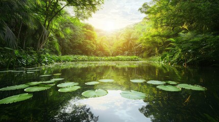 Obraz premium Tranquil Pond Oasis: Serene Water Lilies in Lush Greenery - Botanical Wonders and Relaxing Nature Scene