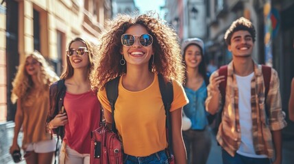 Group of young adults engaging in social activities on a vibrant city street