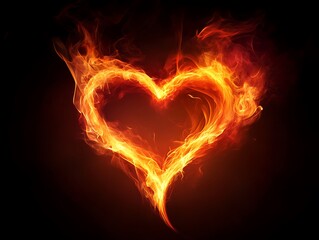 Fiery heart shape formed by flames on black background.