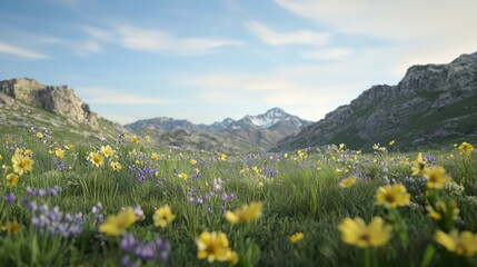 Majestic Mountain Landscape Abloom with Wildflowers - Botanical Wonders of Nature's Resilience