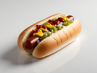 A hot dog with mustard, ketchup, relish, and onions on a soft bun