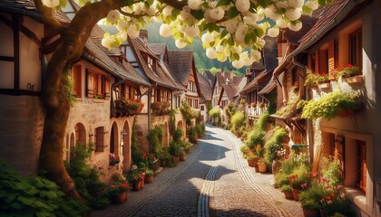 Obraz premium Charming European Village Street in Springtime With Blossoming Trees. generator AI