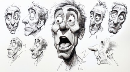 A series of exaggerated caricature sketches showcasing various facial expressions.