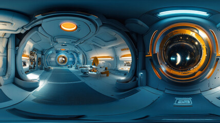 360 degree panorama view.A futuristic, glowing blue space station.  It's a 3D image showing a stylish, technologically advanced design.