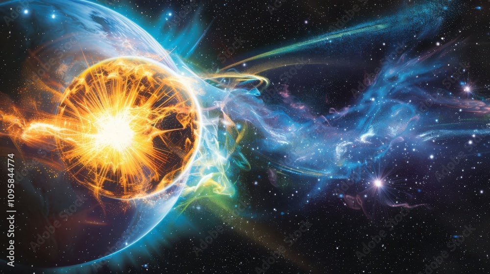 Poster visualizing planetary magnetic fields geometric energy flow patterns in soft electromagnetic colors 