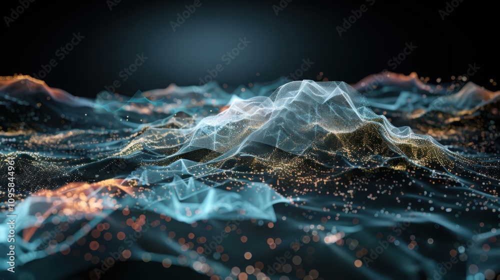 Poster visualizing predictive analytics geometric data patterns and luminescent forecast streams in soft te