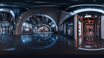 360 degree panorama view.A futuristic building's hallway, shown in a 3D image, has dark walls and a full, panoramic view.