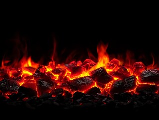 Glowing embers and flames of burning coal on black background.