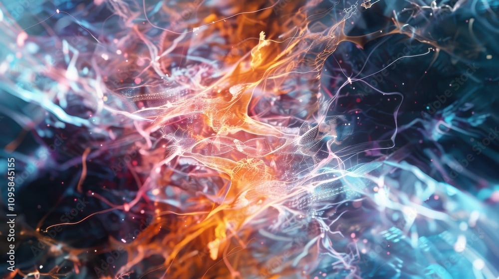 Poster exploring quantum biology through neural network geometries luminescent data flows and electric colo