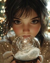 Naklejka premium Winter Solstice Day, Young Girl with Snow Globe on Winter Solstice Day