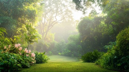 Fototapeta premium A Serene Dawn in a Botanical Oasis - Tranquil Morning in Lush Garden with Dew-Covered Flowers | Ultra-Detailed, Botanical Wonders Concept