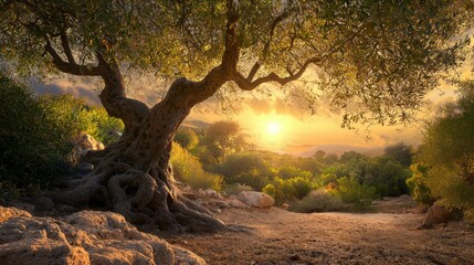 Fototapeta premium Majestic Ancient Olive Tree in Golden Sunset - Timeless Beauty of Nature's Wonders