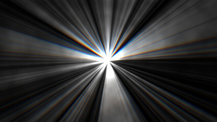 Volumetric sun light rays overlay at the center with aberration effect, horizontal composition.