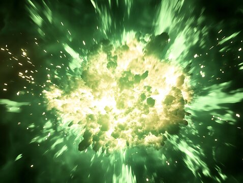 Glowing green explosion with yellow debris.