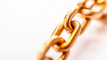 Obraz premium Close up of shiny gold chain link on white background, symbolizing strength and connection