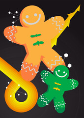 Retro 70s Background with Gingerbread Man Christmas Cookie. Groovy Dessert 1970s art template. Minimalistic Vintage design poster. Old-fashioned color artwork.