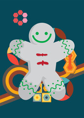 Retro 70s Background with Gingerbread Man Christmas Cookie. Groovy Dessert 1970s art template. Minimalistic Vintage design poster. Old-fashioned color artwork.