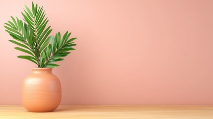 Fototapeta premium Minimalist Palm Leaves in Terracotta Pot Pink Wall Wooden Table