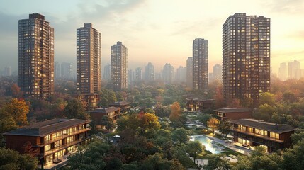 Fototapeta premium Luxury Apartments nestled in Autumnal Urban Oasis