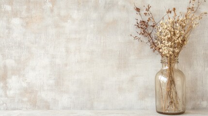 Rustic Charm: Whimsical Dried Wildflowers in Vintage Glass Bottle on Linen Background