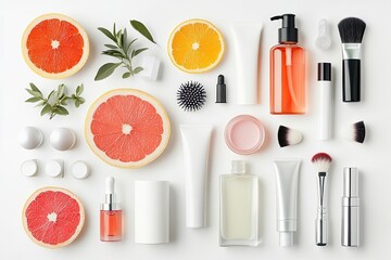 Skincare routine mood board collection of skincare products and tools beauty regimen collage on white flat lay top view. Isolated on a white background