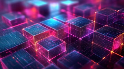 Fototapeta premium Abstract digital blocks with vibrant colors and glowing effects, representing technology and innovation.