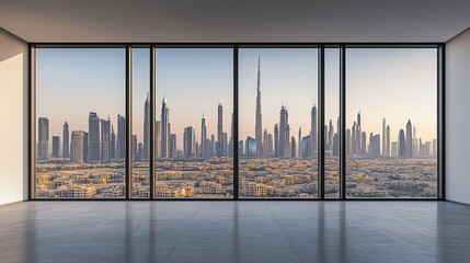 Fototapeta premium Interior view of an empty room in a skyscraper, showcasing the cityscape during the day. The skyline view from a high-rise window offers a gorgeous property with a stunning view.